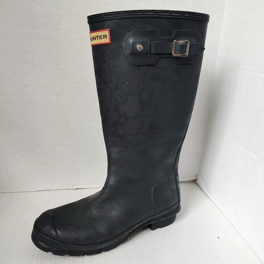 RARE Hunter Matte Dark Navy Leopard Print Faux Shearling Lined Tall Boots Sz 37